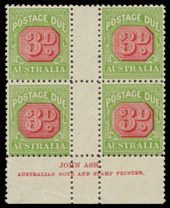 AUSTRALIA: Postage Dues: 1931-36 (SG.D108) 3d Carmine & Yellow-Green, Ash Imprint block (N over EA) with variety "RA of AUSTRALIA joined". Superb & rare - 2 MUH, 2 MLH. BW:D118za. - $1500.