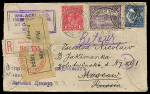 AUSTRALIA: Postal History: 1917 (Aug.7) Ackland registered cover to Russia with attractive combination franking of KGV 1d red, Tasmania 2d Pictorial & SA 2½d tied by REGISTERED ELIZABETH ST/MELBOURNE datestamps, red/white registration label, MOSCOW '26.10.17' arrival backstamp (during the October Revolution), the cover undelivered and returned to Melbourne via Kobe, Japan (backstamp), DEAD LETTER OFFICE/MELBOURNE '7FE18' datestamp on face.