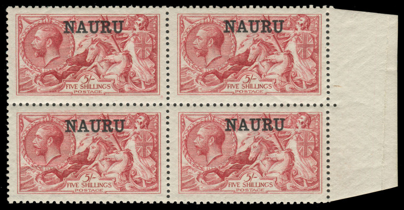 NAURU: 1916-23 (SG.22) Overprints on Great Britain Seahorses 5/- bright carmine marginal block of 4, the two right-hand units with variety Broken Left Foot of 'A', upper units lightly mounted, lower units unmounted, Cat £400++ (as mounted singles). A very