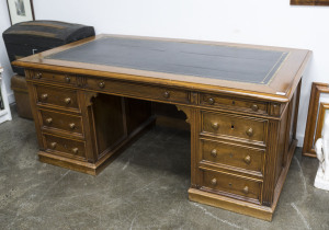 A French walnut twin pedestal desk with leather top, late 19th century, ​75cm high, 170cm wide, 93cm deep