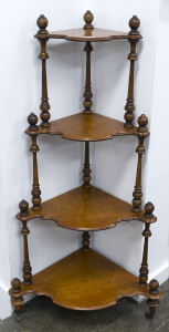 An antique wotnot, burr walnut and beech, circa 1855, 131cm high, 68cm wide, 46cm deep