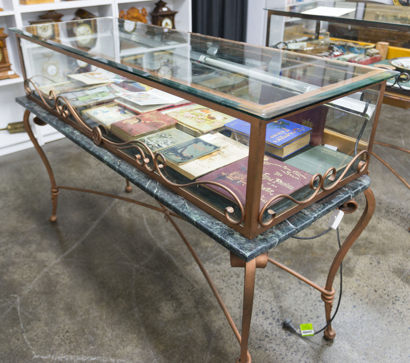 A custom-built jewellery display cabinet, wrought iron and glass with DC monogram (The Diamond Company, Melbourne), late 20th century, 110cm high, 120cm wide, 58cm deep