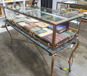 A custom-built jewellery display cabinet, wrought iron and glass with DC monogram (The Diamond Company, Melbourne), late 20th century, 110cm high, 120cm wide, 58cm deep