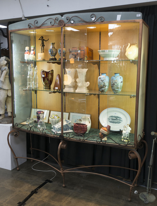 A custom-built display cabinet, wrought iron and glass with DC monogram (The Diamond Company, Melbourne), late 20th century, 219cm high, 207cm wide, 65cm deep