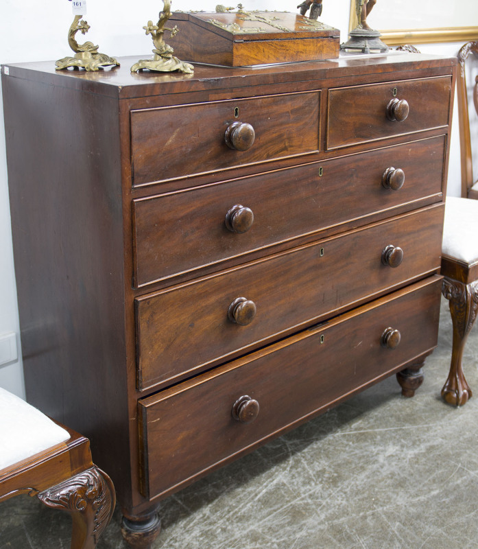 A Georgian five drawer chest, mahogany, circa 1820, 105cm high, 105cm wide, 50cm deep