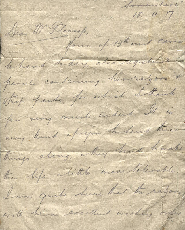 CHARLES MACARTNEY, 4-page signed letter dated "Somewhere, 18.11.17" written from the trenches during WW1, thanking the writer for his letter and parcel containing two razors Good condition. [Charles Macartney played 35 Tests for Australia 1907-26].