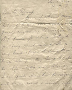 CHARLES MACARTNEY, 4-page signed letter dated "Somewhere, 18.11.17" written from the trenches during WW1, thanking the writer for his letter and parcel containing two razors Good condition. [Charles Macartney played 35 Tests for Australia 1907-26].