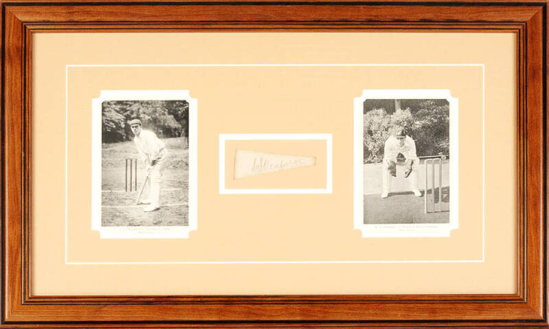 BERT OLDFIELD & CHARLES MACARTNEY, display comprising pictures of Bert Oldfield & Charles Macartney, window mounted with signature of Bert Oldfield on piece, framed & glazed, overall 65x40cm. [Oldfield played 54 Tests 1920-37; Charles Macartney played 35