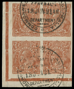 AUSTRALIA: KGV Heads - Single Watermark: 5d Yellow-Brown Single-line Perf: the UNIQUE imperforate plate proof corner block of 4 [L49-50/55-56] in the issued colour on ungummed watermarked paper BW #122PP(3)A, cancelled with two strikes of the 36mm 'COMMON