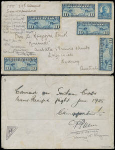 AUSTRALIA: Aerophilately & Flight Covers: THE FIRST CROSSING OF THE PACIFIC BY AIR 31 May 1928 (AAMC.122) USA - Australia cover flown by Sir Charles Kingsford Smith, Charles Ulm, J Warner & H Lyon in the Fokker FV11B-3M 'Southern Cross' on the first crossing of the Pacific by air, franked with USA Airmail 10c Map (5) and 5c Roosevelt uncancelled but endorsed "carried across the Pacific Ocean from California to Australia" signed "JW Warner, Radio Opr" on face and further endorsed and signed by th