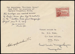 AUSTRALIA: Aerophilately & Flight Covers: THE LAST LEG OF THE TRANS-PACIFIC FLIGHT 8-9 June 1928 (AAMC.122b) Fiji - Australia cover, flown by Sir Charles Kingsford Smith, Charles Ulm, J Warner & H Lyon on the first crossing of the Pacific by air endorsed 'Per Aeroplane "Southern Cross from Fiji by courtesy of Captain Kingsford Smith' and "This Envelope was carried across the Pacific Ocean from Fiji to Australia" signed "Jas W Warner, Radio Opr" and also signed "C Kingsford Smith" and "Lieut Comd