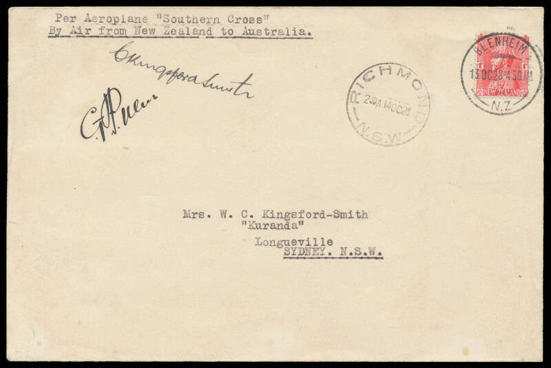 AUSTRALIA: Aerophilately & Flight Covers: 13-14 October 1928 (AAMC.126) New Zealand (Blenheim) - Australia (Sydney) flown cover carried by Charles Kingsford Smith, Charles Ulm, HA Litchfield & T McWilliams endorsed 'Per Aeroplane "Southern Cross" By Air f
