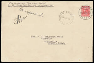 AUSTRALIA: Aerophilately & Flight Covers: 13-14 October 1928 (AAMC.126) New Zealand (Blenheim) - Australia (Sydney) flown cover carried by Charles Kingsford Smith, Charles Ulm, HA Litchfield & T McWilliams endorsed 'Per Aeroplane "Southern Cross" By Air from New Zealand to Australia' and signed "C Kingsford-Smith" and "CTP Ulm" on face; addressed to his mother 'Mrs W.C. Kingsford-Smith' and franked NZ Admiral 1d red tied by 'BLENHEIM/13OC28/NZ' datestamp with 'RICHMOND/14OC28/NSW' arrival alongs