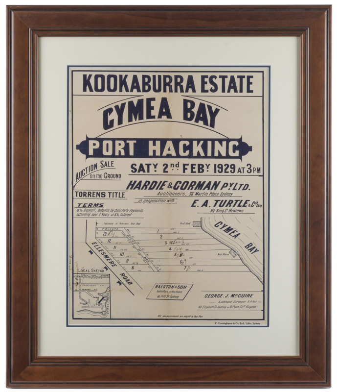 "KOOKABURRA ESTATE Gymea Bay Port Hacking" framed and glazed real estate land sale advertising poster, Sydney, N.S.W. circa 1929, printed by F. Cunninghame & Co. Sydney. 55 x 42cm