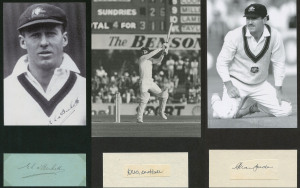 AUSTRALIAN TEST, SHEFFIELD SHIELD & INTERNATIONAL CRICKETER AUTOGRAPHS: A collection of autographed displays, team sheets & signed postcards in an album; including Ted a'Beckett (4 Tests), Jack Moroney (7 Tests), Jim de Courcy (3 Tests), Graeme Watson (5 Tests), Dave Renneberg (8 Tests), Ian Chappell (75 Tests), Allan Border (156 Tests), Laurie Mayne (6 Tests), David Ogilvie (5 Tests), Les Ames, Colin Cowdrey, Geoff Boycott, Michael Holding, Richard Hadlee, Dean Jones. (114).