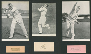 ENGLAND IN AUSTRALIA 1932/33 - THE BODYLINE SERIES An album containing photographs, pictures, postcards and a score sheet, all associated with the English squad and incorporating 32 original autographs, namely Harold Larwood (2), Bill Voce (2), Gubby Allen (2), Bill Bowes (2), Maurice Tate (3), Hedley Verity (1), Herbert Sutcliffe (4), Wally Hammond (1), Robert Wyatt (1), Eddie Paynter (2), Maurice Leyland (3), Nawab of Patudi (1), Freddie Brown (1), Tom Mitchell (1), Leslie Ames (2), George Duc