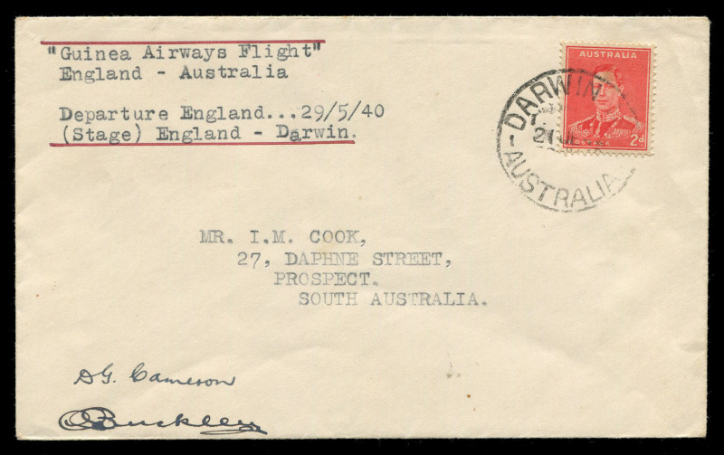 AUSTRALIA: Aerophilately & Flight Covers: 29 May 1940 (AAMC.903) cover flown from London to Darwin and on to Adelaide carried on the Guinea Airways record-breaking flight that departed London 19.5.1940 and cancelled on arrival at Darwin 21 June; signed by