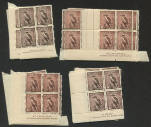 AUSTRALIA: Other Pre-Decimals: 1937-49 (SG.172) 6d Kookaburra, Ash Imprint blk.4) **/* plus 1942-44 (SG.190,190a) 6d Kookaburra in McCracken Imprint blks.6 with gutters (4), McCracken Imprint blks.4 (10) and Authority Imprint blk.6 with gutter (1) and Authority Imprint blks.4 (7), all MUH except the one blk noted. (Total: 102 stamps).