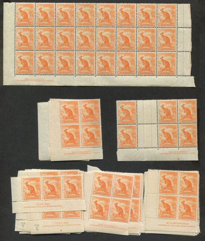AUSTRALIA: Other Pre-Decimals: 1937-49 (SG.164) ½d orange Kangaroo, perf.13.5 x 14: John Ash Imprint blks.4 (13) plus a strip of 3; McCracken Imprint blks.4 (7); plus 1942 (SG.179) ½d Kangaroo perf.14.75 x 14: Authority Imprint blks.4 or larger (5); and 1