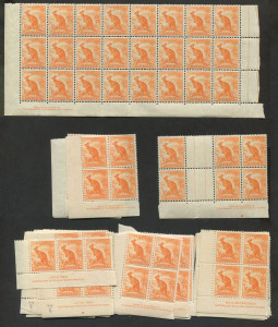 AUSTRALIA: Other Pre-Decimals: 1937-49 (SG.164) ½d orange Kangaroo, perf.13.5 x 14: John Ash Imprint blks.4 (13) plus a strip of 3; McCracken Imprint blks.4 (7); plus 1942 (SG.179) ½d Kangaroo perf.14.75 x 14: Authority Imprint blks.4 or larger (5); and 1949 (SG.228) ½d Kangaroo No Wmk Authority Imprint blks.4 (4). All MUH. (Total: 141 stamps).