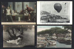 WORLD - Picture PostcardsEarly 1900s assortment with better English or Australian cards including a hand-painted coastal view, real-photo types two showing rifle shooters, Ballarat Litho Co "The Armless Artist", O'Donnell & Beebe's "World's Greatest Aeronauts" (2) & "The great...triple parachute descent"; overseas cards incl. Port Said scenes with PAQUEBOT (Port Taufiq) cancels tying stamps, 1909 "Greetings from Samoa" used, 1908 cards from Macau to Melbourne (2) showing "Chinese smoking Opium"