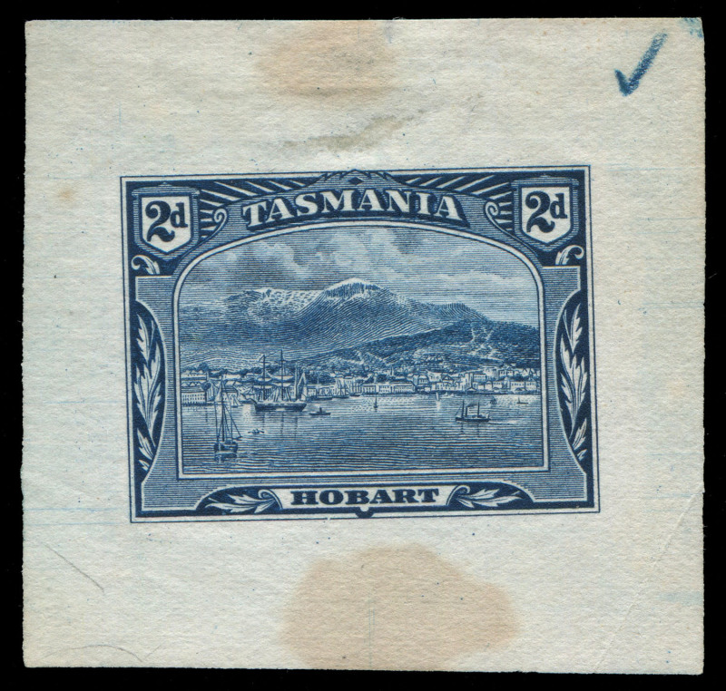 TASMANIA: DIE PROOFS: 1899-1900 Pictorials 2d "HOBART" Die Proof in bright deep blue on wove paper (46x45mm), blue crayon tick mark & two mounting stains clear of the design.