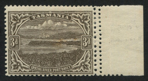 TASMANIA: 1905-11 (SG.253c) Typo Using Electrotyped Plates 3d brown Mixed Single Line Perf 12.4 and 11, with mixed vertical gauges at right, few tonespots and patch of lost gum on reverse, BW: T51 - Cat $600 (SG Cat. £425).