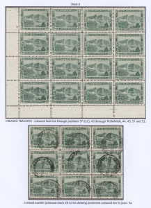 TASMANIA: 1902-05 (SG.237) Wmk V/Crown Litho Sheet "B" ½d marginal mint block of 16 (4x4) with "Creased transfer" resulting in "Hairline of colour running through units 37, 43, 44, 45, 51 & 52"; also a used block of 9 [40-42, 46-48 & 52-54] with Pos.52 s