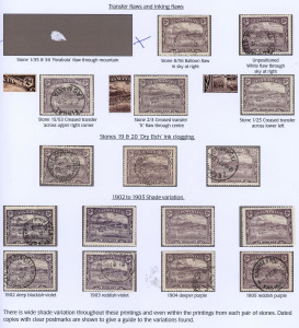 TASMANIA: 1902-05 (SG.239) Wmk V/Crown Litho mint (5) and used (11) selection of varieties and shades with three "Creased transfers", one a mint example with a spectacular "Cross through the centre of the design"; other varieties incl. "Balloon Flaw" [Sto