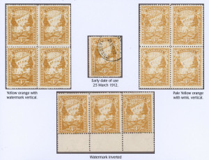 TASMANIA: 1905-12 (SG.247d&da) Litho Using Transfers from DLR Plates, selection with mint 4d orange-yellow P.12½ & P.11 (pale shade) blocks of 4 plus P.11 Wmk Inverted marginal strip of 3, also singles P.12½ used (3) and P11 mint & used (2) with varieties incl. mint P11 with "Part void panel at left" and two P12½ Retouches, Cat £700+ without premium for varieties. (17 stamps).