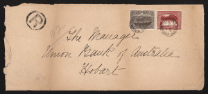 TASMANIA: 1905-12 (SG.248) Litho Using Transfers from DLR Plates use of 6d lake P.12½ plus 3d brown P.12½ on 1909 (Oct.19) registered cover to Hobart with fine HUONVILLE datestamps tying stamp, 'R'-in circle registration handstamp, cover opened on three sides with a few edge faults. Scarce franking.