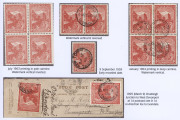 TASMANIA: 1902-04 (SG.240) Electro Printing 1d red Electros 3 & 4 selection with P.11 Wmk (Upright Inverted) block of 4 mint & P12½ block of 4 used, P.12½ Wmk Vertical & Reversed pair used, plus P12½ & P11 singles on redirected postcard fragment (P.11 sta