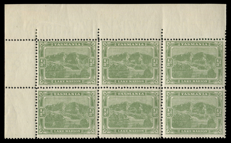 TASMANIA: 1905-11 (SG.249) Typo Using Electrotyped Plates ½d yellow-green selection incl, Wmk Sideways P.12½ corner blocks of 6 (2), P.11 corner block of 6, Wmk Upright P.11 SG. 249da corner blocks of 6 (2, one Wmk Upright inverted); also used Wmk Sideway