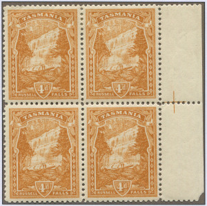 TASMANIA: 1905-12 (SG.247,b&c) Litho Using Transfers from DLR Plates, selection with mint P11 4d pale yellow-brown block of 4 from right of sheet showing marginal cross, P12½ marginal pair (Wmk inverted), and four used singles, three with varieties; 4d orange-buff P11 mint block of 4, P12½ used strip of 3 & two singles; 4d brown-ochre (Wmk Sideways) P11 used singles (2); Cat. £750+ (21).