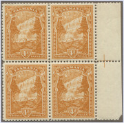 TASMANIA: 1905-12 (SG.247,b&c) Litho Using Transfers from DLR Plates, selection with mint P11 4d pale yellow-brown block of 4 from right of sheet showing marginal cross, P12½ marginal pair (Wmk inverted), and four used singles, three with varieties; 4d or