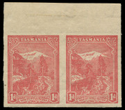 TASMANIA: 1905-11 (SG.250f) Typo Using Electrotyped Plates Wmk Upright (Inverted) 1d rose-red IMPERFORATE PAIR from the top of the sheet, with large part inverted 'AUSTRALIA' sheet edge watermark in the upper margin, fine mint, Cat. £700.