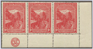 TASMANIA: 1905-11 (SG.250) Typo Using Electrotyped Plates 1d rose-red selection incl. mint Wmk Upright P.12½ & P.11 blocks of 4 and Wmk Sideways P.11 (SG.250e) block of 4 and a mint single, used examples incl. Worn Plate strip of 4 and pair; also 1d carmine-red P.12½ (SG.250g) 'JBC' Monogram strip of 3 and 1d deep carmine-red P12½ vertical pair mint, plus used examples of early dates. (34 stamps)