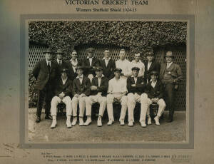 1924-25 VICTORIAN TEAM, official team photograph with title "Victorian Cricket Team, Winners Sheffield Shield 1924-25", and players names on mount, noted Edgar Mayne (captain), young Bill Woodfull & Stork Hendry, size 30x25cm. Good condition.