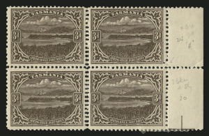 TASMANIA: 1905-11 (SG.253b) Typo Using Electrotyped Plates Wmk Sideways 3d brown P.11 marginal block of 4 with part marginal "cross", "DOUBLE PERFS between stamps vertically", fine mint.