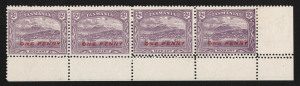 TASMANIA: 1905-1912 2d Pictorial selection with 1905-12 Litho using transfers from DLR used singles (8) including varieties & shades, 1911 Stereotype P12½ block of 4 and P11 corner marginal block of 4 the upper-right unit showing "Damage to the upper frame", 1912 'ONE PENNY' on 2d P.11 strip of 4 from the lower-left corner of the sheet, two right side units with "DOUBLE PERFS between stamp and the sheet margin, also P.11 block of 4 with "22 OCT.12" early date of use cancel;