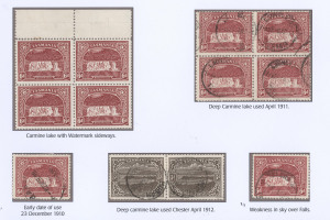 TASMANIA: 1905-11 (SG.254) Typo Using Electrotyped Plates 6d carmine-lake P.11 group comprising 6d marginal block of 4 mint and block of 4 used (very scarce), plus two singles, one with early date (thinned) plus another with "Weakness in sky over Falls"; also 3d brown P.11 SG.253b pair, Cat £405. (12 stamps).