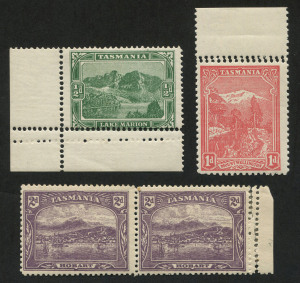 TASMANIA: 1902-11 Double Perfs selection with V/Crown Litho ½d P12½ SG.237 corner marginal example with "Extra row of P.11 perforations in lower sheet margin", 1905-11 Crown/A 1d rose-red P.11 SG.250a with "Double perfs between top of stamp and sheet margin"