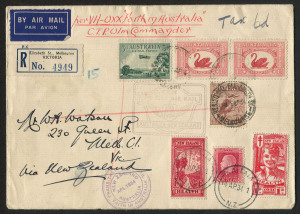 AUSTRALIA: Aerophilately & Flight Covers: 10 Apr.1934 (AAMC.371) Australia-New Zealand-Australia registered flown cover, with franking incl. Australia 3d Airmail booklet stamp BW.136 for outward flight and NZ 1d Smiling Boy and 1d Pathway for the return flight, "Tax 6d" endorsement at top, usual flight cachets and backstamps. Attractive & unusual franking for this flight.