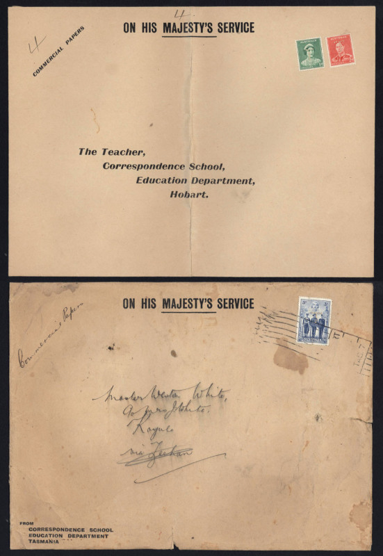 AUSTRALIA: Postal History: c.1940 Education Dept. (Tas) commercial papers rate OHMS cover with scarce solo franking of 3d AIF punctured 'T' tied by indistinct Hobart machine cancel, within is an unused return envelope franked with 1d QM & 2d KGVI both pun