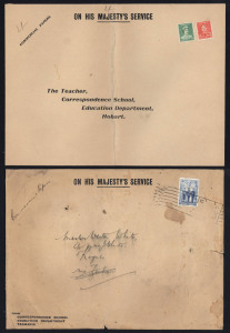 AUSTRALIA: Postal History: c.1940 Education Dept. (Tas) commercial papers rate OHMS cover with scarce solo franking of 3d AIF punctured 'T' tied by indistinct Hobart machine cancel, within is an unused return envelope franked with 1d QM & 2d KGVI both punctured 'T'; the used cover somewhat battered with edge faults.