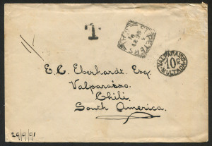 SOUTH AUSTRALIA - Postal History: 1891 (Sept.29) stampless cover to Chile with fine ST. PETERS departure datestamp, 'T' and 'VALPARAISO/10c/MULTADA'-in oval tax handstamps applied, on reverse ADELAIDE transits & VALPARAISO '22/XII/91' (3 months transit) a