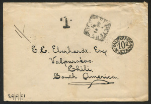 SOUTH AUSTRALIA - Postal History: 1891 (Sept.29) stampless cover to Chile with fine ST. PETERS departure datestamp, 'T' and 'VALPARAISO/10c/MULTADA'-in oval tax handstamps applied, on reverse ADELAIDE transits & VALPARAISO '22/XII/91' (3 months transit) arrival datestamp.