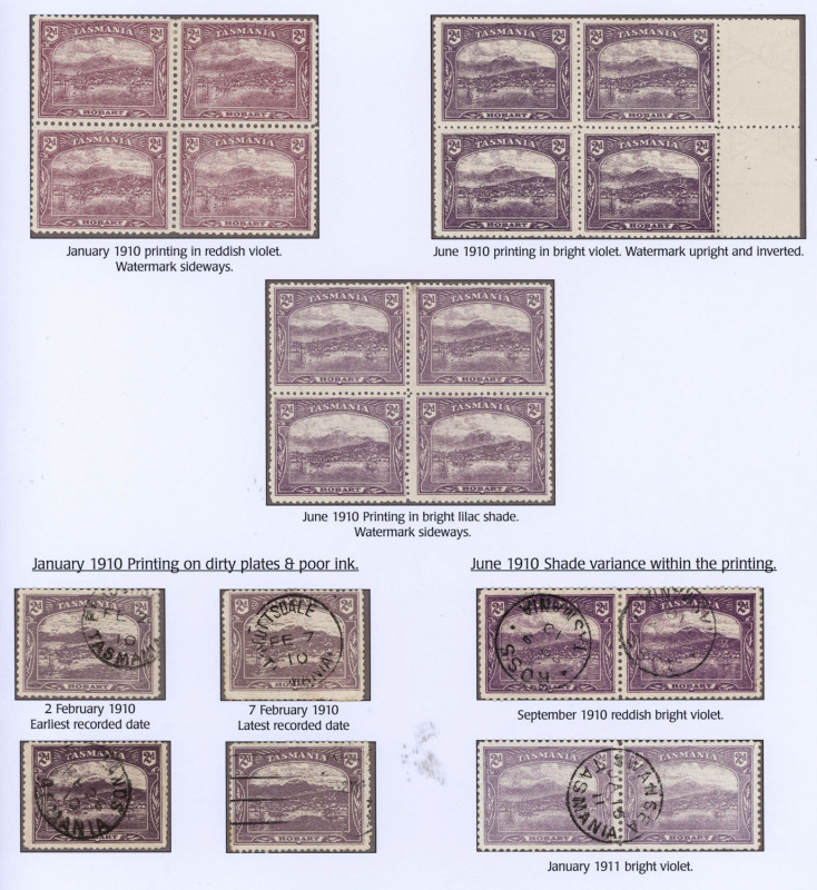 TASMANIA: 1905-11 (SG.251) Typo Using Electrotyped Plates 2d selection comprising with mint blocks of 4 comprising 2d plum Compound Perf 11x12½x11x12½ SG.251c, 2d bright violet Wmk Upright (inverted) P.12½ SG.251a, Wmk Sideways P12½ bright lilac shade of