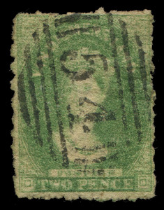 TASMANIA: 1867 (SG.105) Pin-perf 5½ to 9½ at Longford 2d yellow-green Chalon, some blemishes/adhesions on reverse but not thinned, well centred with strong colour, bold BN '54' cancel of Longford, unpriced in Gibbons and extremely rare. RPSofV Certificate (2020) states "It is genuine"