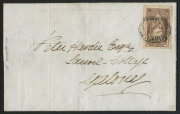 VICTORIA - Postal History: 1852 (Dec.29) entire to Geelong with Ham 2d reddish-brown QOT ['WA', full margins] tied by weak strike of barred oval '48' (The Leigh), on reverse LEIGH departure and GEELONG arrival crown oval datestamps.